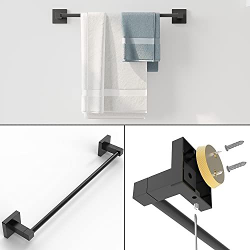 Ruacq 4 Pieces Bathroom Hardware Set Matte Black Square Stainless Steel and Zinc Alloy Modern Wall Mounted,18-Inch Towel Bar,Toilet Paper Holder,Towel Ring,Robe Hook,Bathroom Accessories Kit - color: Matte Black, size: 4pcs