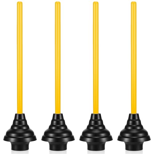 4 Pcs Heavy Duty Toilet Plunger with Long Wooden Handle Force Suction Cup 26.38"x5.51" Black Rubber Toilet Plunger Removes Clogs Without Holder for Bathroom Drains Sink