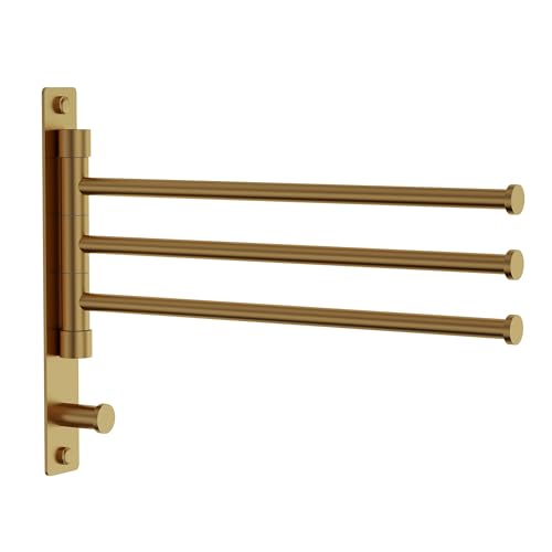 Swivel Towel Rack, Brushed Gold, 12.5 in, 3-Arm Towel Bar | 304 Stainless Steel, Space Saving, Wall Mounted, With Hook - color: Brushed Gold