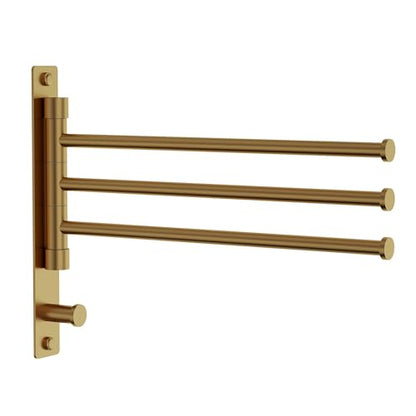 Swivel Towel Rack, Brushed Gold, 12.5 in, 3-Arm Towel Bar | 304 Stainless Steel, Space Saving, Wall Mounted, With Hook - color: Brushed Gold