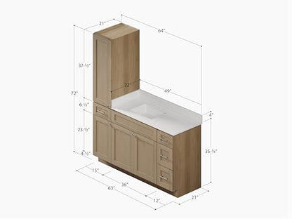 63" Bathroom Vanity with Linen Storage Tower and 4 Drawers, Carrara Quartz Top and Ceramic Sink, Left or Right Tower Option, Solid Wood Frame, 64" x 22" x 72" (Natural Oak, Left Tall Cabinet) - color: Natural Oak