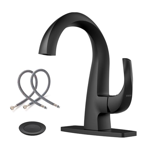 WOWOW Single Handle Bathroom Faucet, Matte Black, 1 Hole, High Arc, Pop Up Drain, Solid Brass, Easy Installation, 5 Year Warranty - color: Black