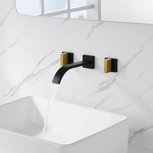 SUMERAIN Wall Mounted Faucet for Bathroom Sink Black and Gold Finish, Lavatory Basin Faucet with Two Handles and Rough in Valve - color: Black and Gold
