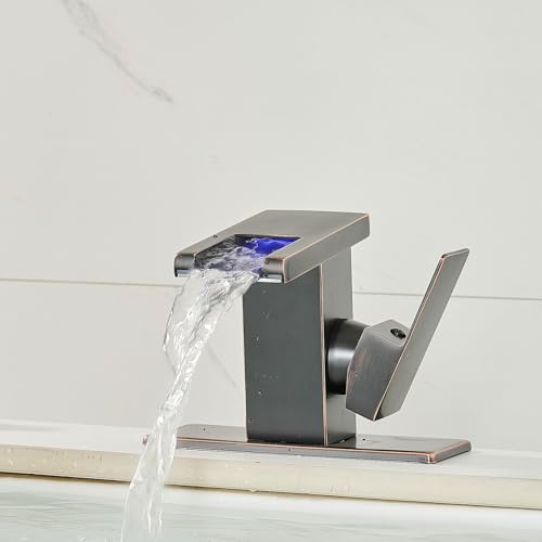 AVSIILE LED Bathroom Sink Faucet, Oil Rubbed Bronze Waterfall Single Hole Handle Vanity Faucets for Sinks 1 Hole with Metal Pop Up Drain and 2 Water Supply Lines, Side Handle - color: Oil Rubbed Bronze