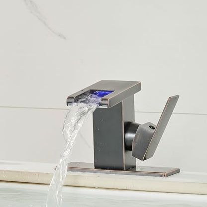 AVSIILE LED Bathroom Sink Faucet, Oil Rubbed Bronze Waterfall Single Hole Handle Vanity Faucets for Sinks 1 Hole with Metal Pop Up Drain and 2 Water Supply Lines, Side Handle - color: Oil Rubbed Bronze