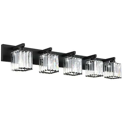 Aipsun Bathroom Vanity Light Black Light Fixtures 5 Light Crystal Vanity Light Modern Bathroom Lighting (Exclude Bulb) - color: Black, size: 40 inch