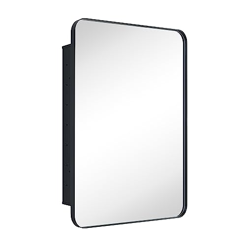 Matt Black Rectangle Recessed Bathroom Medicine Cabinet with Mirror Stainless Steel Metal Framed Rounded Rectangular Bathroom Cabinet with Mirror 24x30'' - color: Matt Black, size: 24'' x 30''