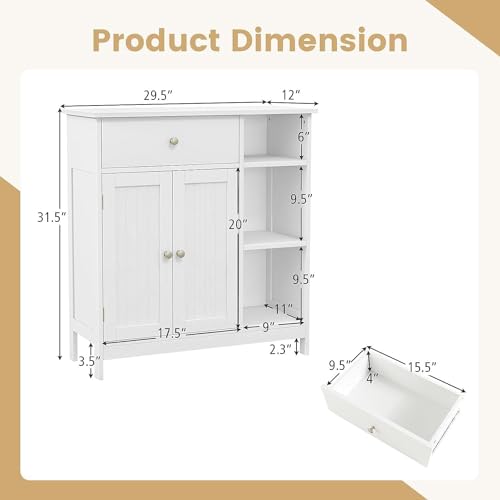 GOFLAME Bathroom Cabinet, 29.5" x 12" x 31.5" Floor Storage Cabinet with 1 Drawer, 3 Open Compartments, Adjustable Shelves, White
