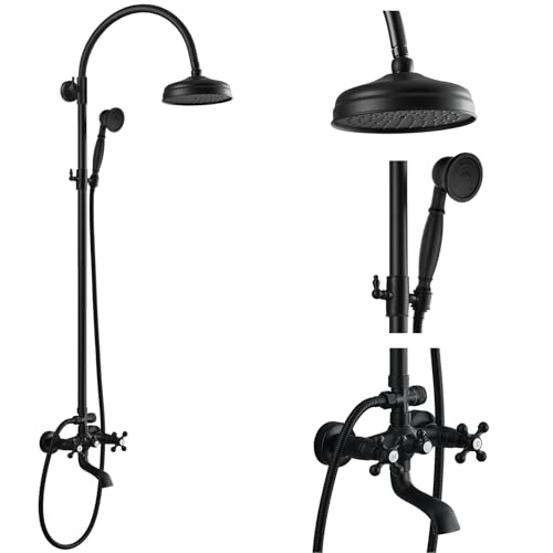gotonovo Exposed Shower Faucet Set with Tub Spout Matte Black | Brass Bathroom Shower System,8 Inch Rainfall Head with Handheld Spray and Tub Filler,Adjustable Height,6’’ Hole Distance - color: Black