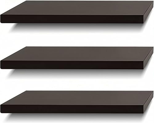 SAUMONIERES Floating Shelves Wall Shelf Solid Wood for Bathroom Bedroom Kitchen Set of 3, Espresso Wall Shelves - color: Espresso, size: 16 Inch-3 shelves
