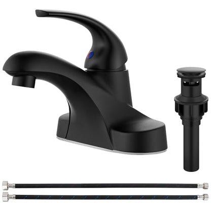 Matte Black Bathroom Sink Faucet,Single Handle 4 Inch Centerset | Single-Handle RV Bathroom Faucet Fits 4-Inch Centerset Sinks,Includes Hot And Cold Supply Lines And A Matching Pop-Up Drain - color: Matte Black
