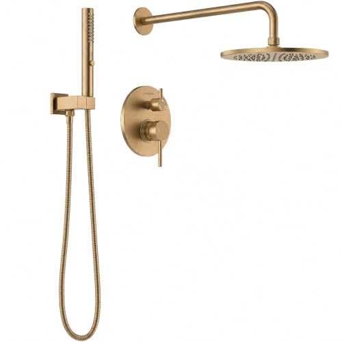 Lava Odoro Champagne Gold Rain Shower System Faucet Set, SF104-CB | 2-Setting Round Shower Valve Trim Kit, Gold Shower Head Set with Sprayer, 10 Inch, Rough-in Valve Included - color: Champagne Gold, style: Without Tub Spout