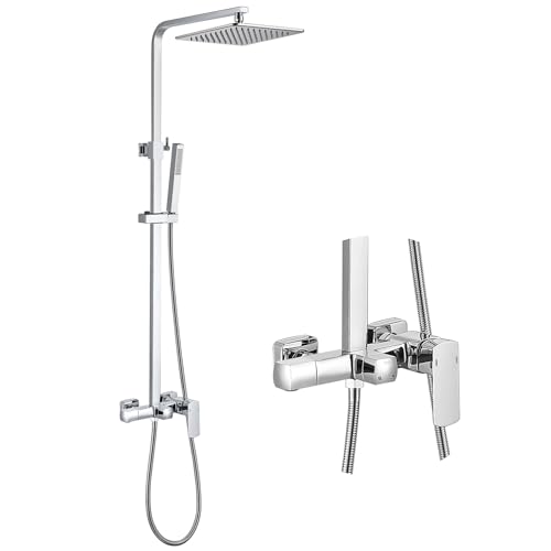 RBROHANT Polished Chrome Exposed Shower System with Tub Spout, Exposed Shower Fixtures for Bathroom with Brass 3-Functional Valve, Height Adjustable, Wall Mounted - color: Polished Chrome