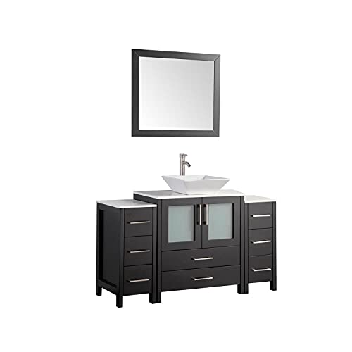 Vanity Art 54 Inch Vessel Single Sink Bathroom Vanity Cabinet with 1 Mirror, Engineered Marble Top Bathroom Cabinet Compact Set with 8 Dovetail Drawers and Soft Closing Doors, VA3130-54-E - color: Espresso, size: 54