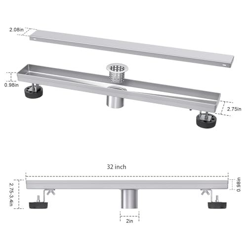 32-Inch Linear Shower Drain with Tile Insert Grate, Brushed Nickel Rectangle Floor Drain 304 Stainless Steel Including Hair Strainer - color: Brushed, size: 32 IN