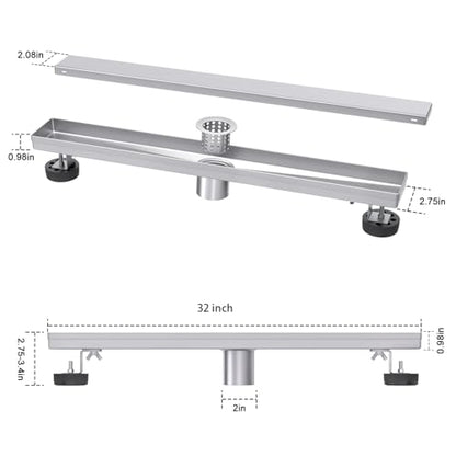 32-Inch Linear Shower Drain with Tile Insert Grate, Brushed Nickel Rectangle Floor Drain 304 Stainless Steel Including Hair Strainer - color: Brushed, size: 32 IN