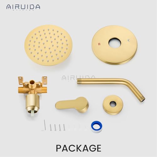 Airuida Shower Faucet Set,6 Inch Brushed Gold Shower Trim Kit | Round Rainfall Shower Head,Single Handle,Male Threads Rough-in Valve,Wall Mount Bathroom System - color: Gold, size: 6 Inch