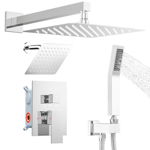 STARBATH Shower Faucet Set Shower System with Diverter Valve, Chrome | 12 Inch Rain Shower Head, 6 Inch Wall Mount Shower Head and Handheld Spray for Two Person, Luxury Shower Sets Complete - color: Chrome, size: 12"+6"-01