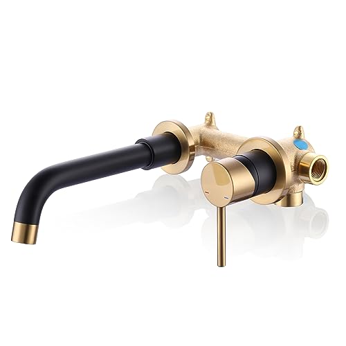 ARCORA Wall Mount Bathroom Faucet, Black and Gold Single Handle Bathroom Sink Faucet Wall Mounted, Rough-in Valve Included - color: Black and Gold, size: Single Handle