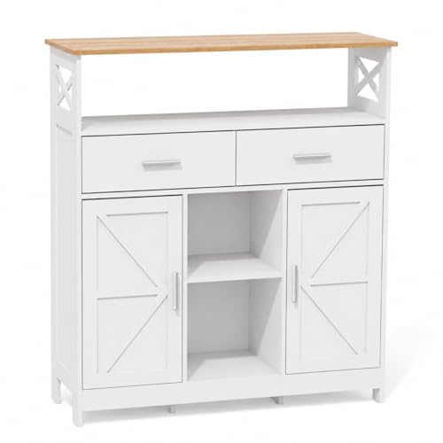 Coffee Bar Cabinet with Storage, 35.4" Kitchen Storage Cabinet with 2 Drawers, 2 Doors and Adjustable Shelves, Freestanding Bathroom Floor Cabinet for Small Spaces, White with Vintage Wood Top