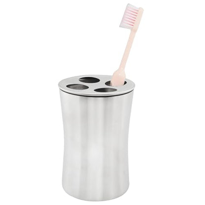 Stainless Steel Toothbrush Holder with Waistline and Four-Hole Cup Lid for Bathroom Vanity Countertop Rinse Toothbrushing Drinking Cup Storing Dental Accessories Organizing Makeup Brushes