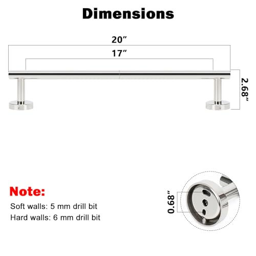 NearMoon Bath Towel Bar, Thicken Stainless Steel Shower Towel Rack Holder Wall Mounted for Bathroom, 20-lnch Overall Length-17-lnch Usable Hanging Space (1 Pack, Chrome Finish) - color: Chrome Finish, size: 20 Inch
