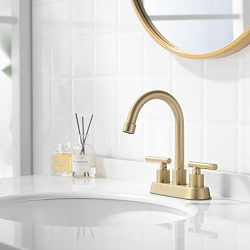 Brushed Gold Bathroom Faucet, 2-Handle 4" Centerset Sink Faucet with Drain | YardMonet Brushed Gold Bathroom Sink Faucet, 2-Handle Stainless Steel Vanity Faucet with Pop-up Drain and Supply Lines - color: Gold