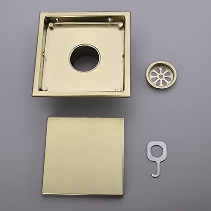 TRUSTMI 6 Inch Square Invisible Bathroom Shower Floor Drain with Removable Tile Insert Grate Cover, Brushed Gold, SUS 304 Stainless Steel - size: Tile-Insert