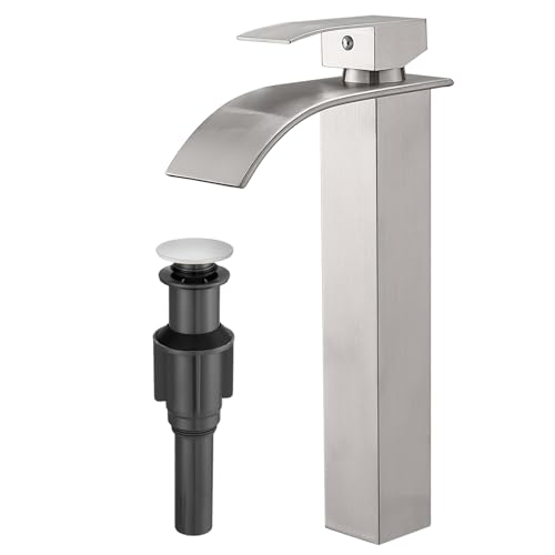 RUMOSE Tall Bathroom Faucet Vessel Sink Faucet with Drain, Brushed Nickel | Modern Single Handle One Hole Bathroom Faucet Waterfall Rv Lavatory Vanity Faucet Mixer Tap, Pop Up Drain, Stainless Steel - color: Brushed Nickel