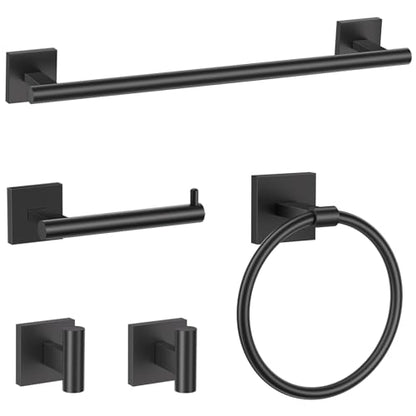 TURS 5-Pieces Matte Black Bathroom Hardware Set 23.6 Inch SUS304 Stainless Steel Towel Bar Set Wall Mounted Bathroom Accessories Set - color: Matte Black, size: 5-Pieces Set-B
