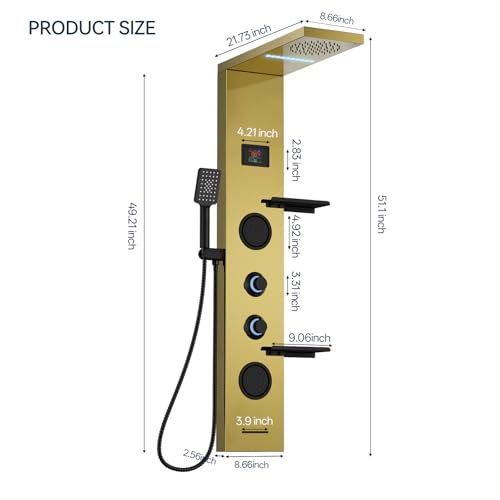 Homevacious 4 In 1 Shower Panel System with Shelf Polished Gold | LED Rain Shower Head Adjustable Massage Body Jets 3 Functions Handheld Head Tub Spout Stainless Steel - color: Polished Gold and Black, style: LED Shower Panel