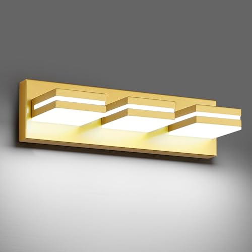 Modern LED Small Gold Acrylic Bathroom Lights Fixtures 3-Light | Wall Lighting,Vanity Lights for Bathroom Over Mirror 6000K 350°Rotate（No Assembly Required） - color: Gold, size: 16.14 in