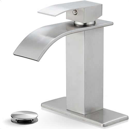 Brushed Nickel Bathroom Faucet Single Handle, Brass Waterfall Bathroom Sink Faucet 1 Hole or 4 Inch 3 Hole Bathroom Faucets with Deck Plate & Pop-up Drain Supply Hose for Lavatory No Splashing - color: Brushed Nickel - Traditional