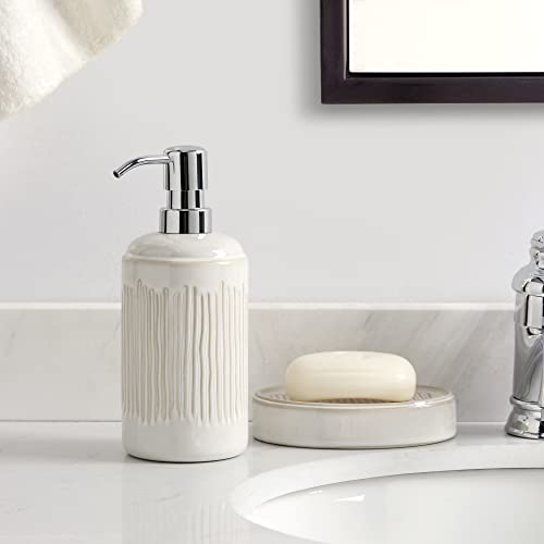 Bathroom Accessories Set, 5-Piece Ceramic Bath Accessory Complete Set with Lotion Dispenser/Soap Pump, Cotton Jar, Soap Dish, Tumbler and Toothbrush Holder (Ivory White)