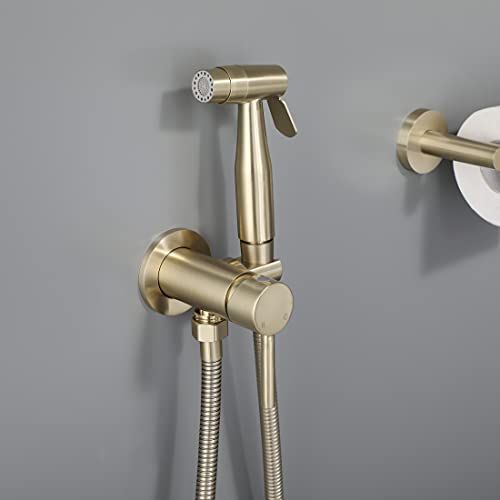 Handheld Bidet Sprayer Brushed Gold Warm Water, WiPPhs Stainless Steel Bidet Hand Held Sprayer for Toilet with Brass Hot and Cold Mixing Valve, WI9138BG | Wall Mount Stainless Steel Bidet Hand Held Sprayer with Brass Hot and Cold Mixing Valve, 47 Inches B