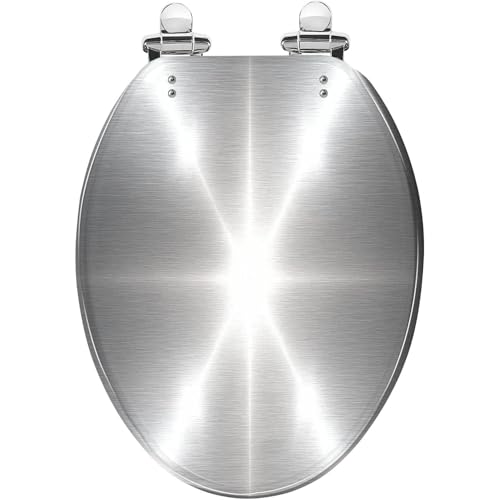 Elongated Toilet Seat Silver Brushed metal Resin Toilet Seat Quietly Close Quick Release Hinges with Cover Bumpers Decorative Easy to Install Clean