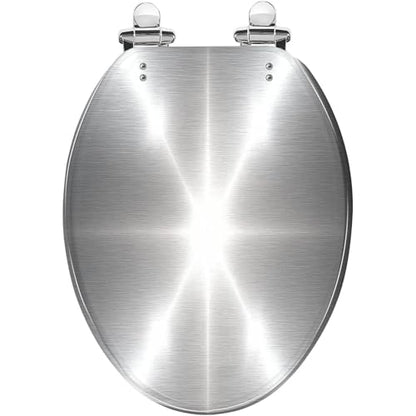 Elongated Toilet Seat Silver Brushed metal Resin Toilet Seat Quietly Close Quick Release Hinges with Cover Bumpers Decorative Easy to Install Clean