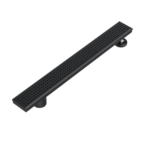 Neodrain 24In Offset Side Outlet Linear Shower Drain w/Grate Cover, Black | w/ Quadrato Pattern Grate Cover, 304 Stainless Steel Rectangle Shower Floor Drain, with Leveling Foot, Hair Strainer Catche - color: Matte Black- Pattern Grate Cover, size: 24 IN