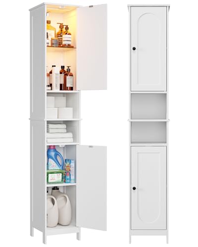 HAIOOU Tall Narrow Bathroom Storage Cabinet with Light for Small Spaces | 11.8"W Skinny Bathroom Cabinet with Adjustable Glass Shelves,Standing Slim Cabinet for Bathroom, Living Room, White - color: White