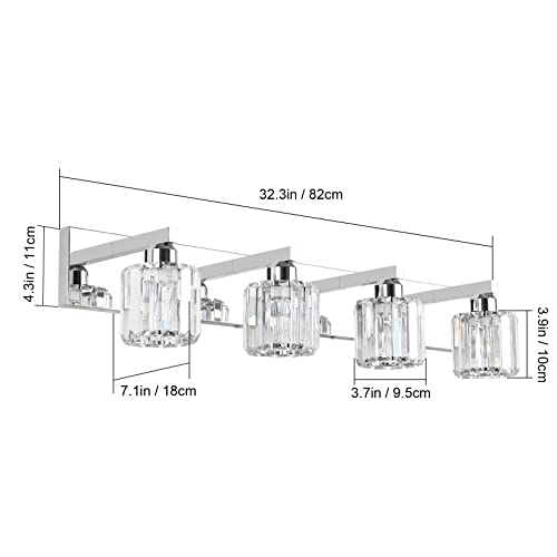 Aipsun Crystal Bathroom Vanity Light Modern Vanity Lighting Fixtures Crystal Vanity Light for Bathroom 4 Lights(Not Include Bulb) - color: Chrome (Round), size: 32 inch