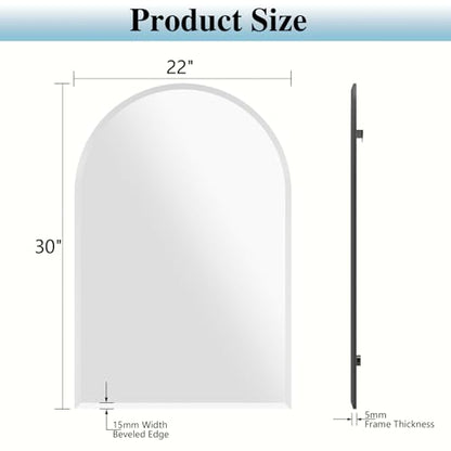 Frameless Bathroom Mirror, 22"x30" Beveled Arched Vanity Mirrors | Frameless, 15mm beveled edge, 5mm HD glass, shatterproof, anti-rust, french cleat, for bathroom/bedroom/entryway - size: 22"L x 30"W
