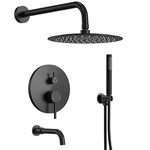 10" High-Pressure Rainfall Shower System with Handheld Spray, Wall Mount Bathroom Shower Faucet Set with Tub Spout (Matte Black) - color: Matte Black, style: With Tub Spout
