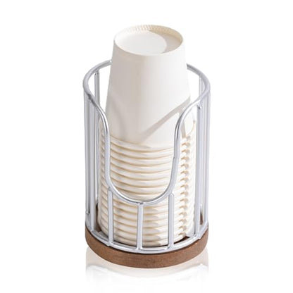 Bathroom Cup Dispenser with Acacia Wood Stand - Essential Bathroom Accessories for Toothbrush Holders & Mouthwash Cup Dispenser on Vanity Countertops Silvry - color: 1 Pack Silvery