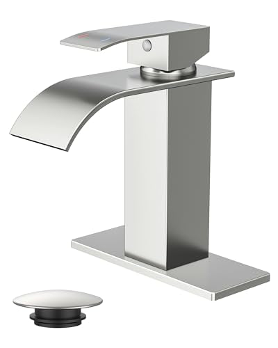 FORIOUS Bathroom Faucet 1 Hole, Waterfall Vanity Sink Faucet Brushed Nickel | Bathroom Sink Faucet 1 or 3 Hole, Square Single Handle with 24" cUPC Supply Line and Pop-up Drain, Fits RV Restroom Basin - color: Stainless Steel