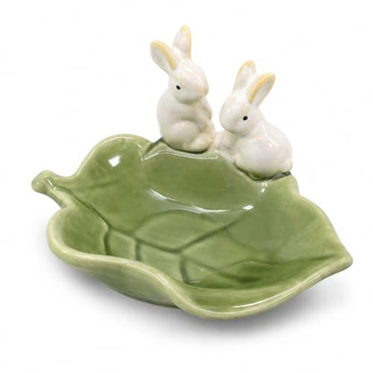 Rabbit Ceramic Soap Dish, Green Bunny Countertop Tray | Glazed ceramic; for soap, sponge, jewelry, keys; countertop only, no drainage hole or non-slip pad.