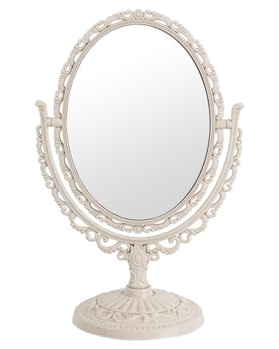 XPXKJ Vintage Vanity Mirror Shabby Chic Decor | 360° Rotating Double-Sided Table Makeup Mirror with Stand Bedroom Decoration Perfect for Tabletop, Desk, or Makeup Station - color: Beige