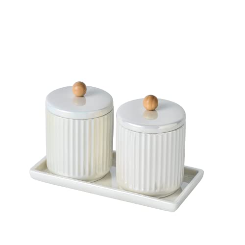 Ceramic Bathroom Canister Set with Coordinating Small Vanity Tray White | Qtip Holder Dispenser for Cotton Ball ,Swab,Pads , Floss, Bathroom Storage Jars with Lids White Small Tray
