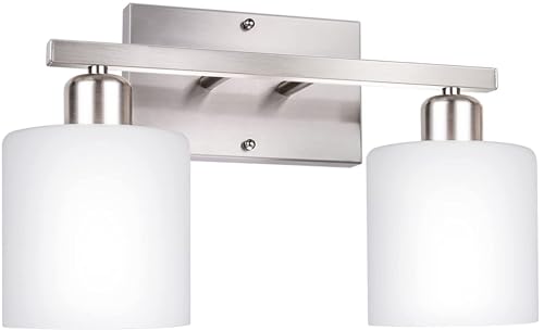 Bathroom Vanity Light Fixture Brushed Nickel, 2-Light Wall Sconces | Anti-Rust Vanity Lights Over Mirror, 12 Inches, E26 Standard Socket, Milky White Glass Shades, Bulbs Not Included - color: Brushed Nickel-2 Light