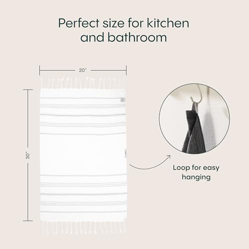 WETCAT Turkish Hand Towels with Hanging Loop, Set of 2 (20" x 30") 100% Turkish Cotton, Pre-Washed, Quick Drying, for Kitchen or Bathroom - Grey & White - color: Grey & White