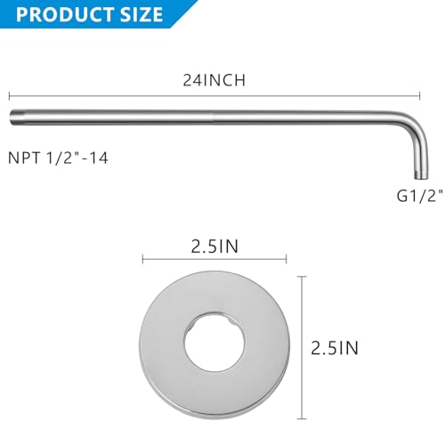 Voolan Shower Arm with Flange and Teflon Tape, Extension Shower Head Arm for Bathroom Fixed Shower Head, Solid Stainless Steel, Wall Mounted (24 Inch, Chrome) - color: Chrome, style: 24 Inch